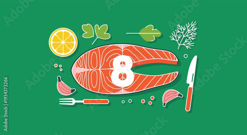 Fresh salmon fillet with lemon and herbs ready for healthy meal