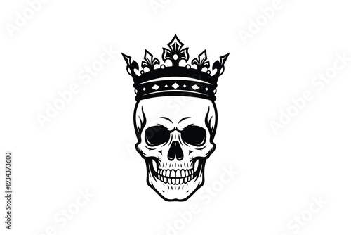Black and white skull with crown silhouette logo - Monochrome king skull emblem design art
