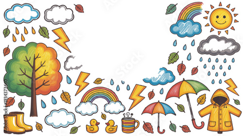 Autumn rain and weather icons with vibrant rainbow and umbrella