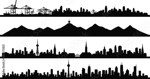 City skyline silhouette collection with port cranes and mountain landscape, urban panorama banners, metropolitan architecture horizons, travel destination vector illustration isolated