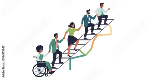 Diverse Business Team Collaborating and Supporting Each Other While Climbing a Staircase, Symbolizing Inclusive Progress, Career Growth, and Collective Success