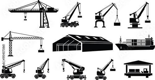 Construction and industrial crane icons set with warehouse and cargo ship, heavy lifting machinery silhouettes, black and white vector illustration collection