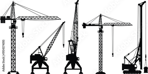 Construction crane silhouettes collection with tower crane, crawler crane and industrial lifting machinery, heavy equipment black and white vector illustration set