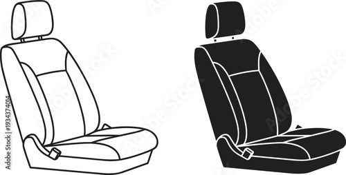 Collection of car seat illustrations featuring a black silhouette and a black line art version of a modern vehicle chair