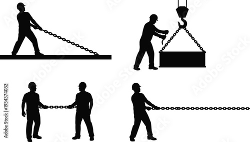 Construction workers pulling chains and lifting heavy load with crane hook, industrial labor teamwork concept, black and white vector silhouette illustration set