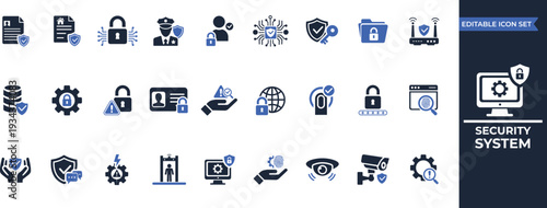 Security system solid icon set. Encryption, safety, insurance, data protection, detector, sensor, locked, password, and cybersecurity icons collection.