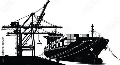 Container cargo ship docking at industrial port with gantry cranes, maritime freight transportation, seaport logistics operations, global shipping industry vector silhouette illustration isolated