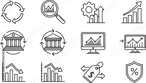 Financial and economic icon set with charts, magnifying glass, gear, government building, computer monitor, price tag, and shield, minimal black line art design for business analytics concepts