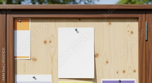 Notice board with blank papers pinned on wooden wall outdoors in a rural setting viewed from the front