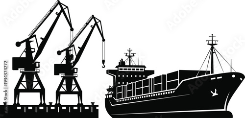 Container cargo ship at seaport with dockside cranes silhouette, maritime freight transportation, commercial harbor logistics operations, global shipping industry vector illustration isolated
