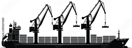 Container cargo ship with deck cranes silhouette, maritime freight transportation, seaport terminal logistics operations, commercial shipping industry, global trade vector illustration isolated