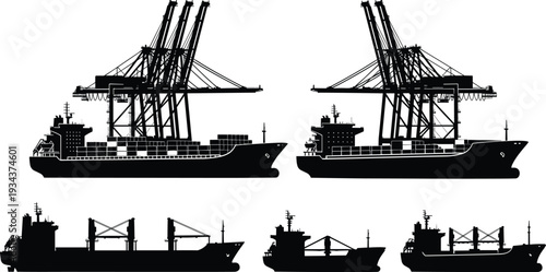 Container ship and gantry crane silhouettes set, cargo vessels at seaport terminal, maritime freight transportation, global shipping logistics, industrial harbor vector illustration isolated