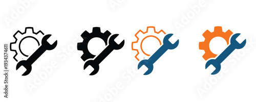 Modern gear and wrench icons in black, blue, and orange