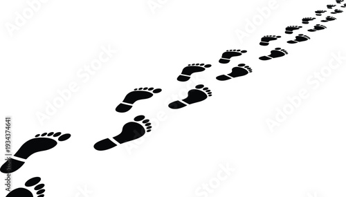 Footprint path illustration with bare feet walking diagonally, perspective effect showing motion, distance, and journey, minimal black silhouette design for travel and progression concepts