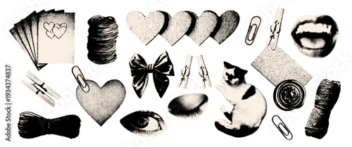 Love halftone art collage cut outs set. Paper clipping shapes. Modern retro mixed media vector illustration.