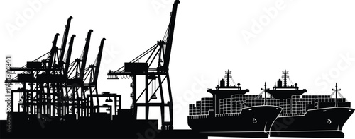 Container terminal with gantry cranes and cargo ships, industrial seaport logistics, maritime freight transportation, global shipping industry silhouette isolated on white background 