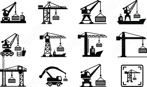 Crane and cargo handling icon set, industrial lifting equipment silhouettes for port and construction logistics, container loading symbols vector illustration isolated