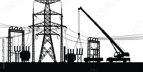 Electrical substation with power transmission tower and mobile crane silhouette, high voltage energy infrastructure, utility grid maintenance, industrial electricity distribution vector 
