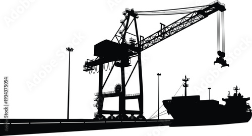 Gantry crane loading cargo ship at industrial port terminal, maritime freight transportation logistics, commercial harbor operations, global shipping industry vector silhouette illustration isolated