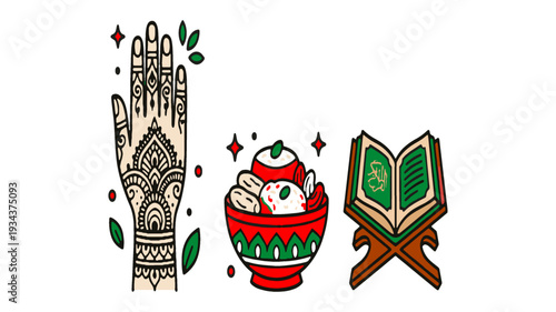 Ramadan Delight: A vibrant illustration showcasing the rich traditions of Ramadan, featuring an adorned hand, a bowl of festive dessert, and the holy scripture.