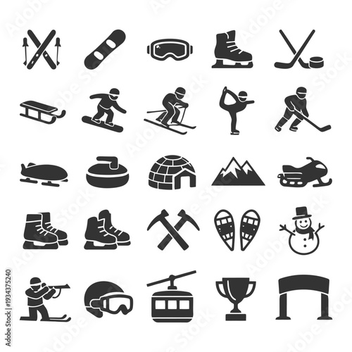 Winter sports icons: skiing, snowboarding, ice skating, and more activities.