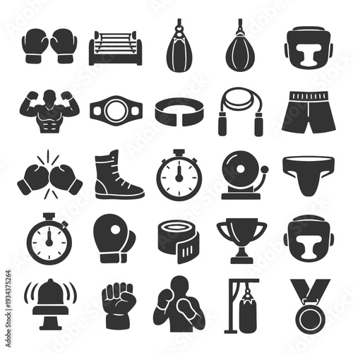 Boxing equipment icons set: gloves, ring, punching bag, timer, trophy.