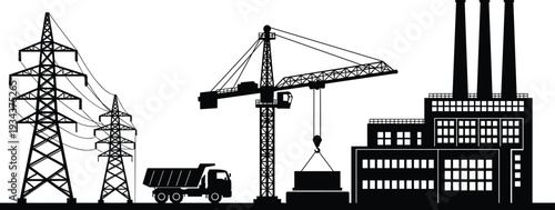 Industrial construction and energy infrastructure silhouette, power lines, tower crane, dump truck and factory plant, heavy industry concept isolated on white background vector illustration