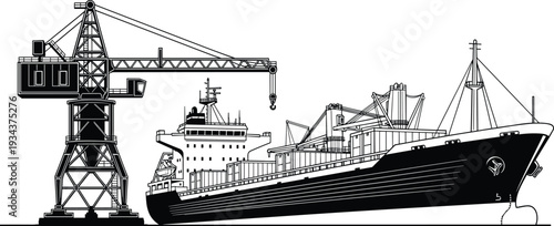 Industrial cargo ship at commercial seaport, container vessel docked beside loading crane, maritime freight transport logistics, black and white vector illustration detailed line art