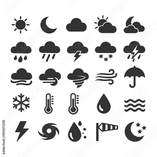 Weather icons set: sun, moon, clouds, rain, snow, thunderstorm, thermometer, wind, umbrella.
