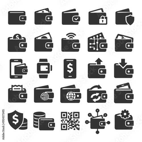 Digital wallet icons set: mobile payments, security, transactions, tech.