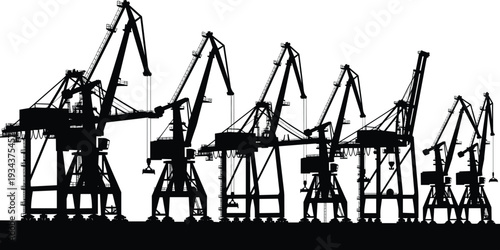 Industrial harbor crane skyline silhouette, dockside cargo handling equipment, maritime port logistics infrastructure, heavy lifting machinery at seaport vector illustration isolated