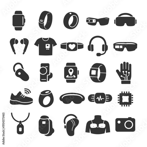 Collection of wearable technology icons featuring gadgets and devices for fitness and communication.