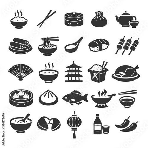 Asian cuisine icons collection: sushi, dim sum, tea, noodles, spices, and traditional utensils.