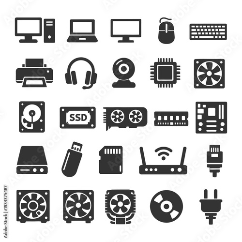 Essential computer hardware icons: monitor, laptop, mouse, keyboard, ssd, router, usb.