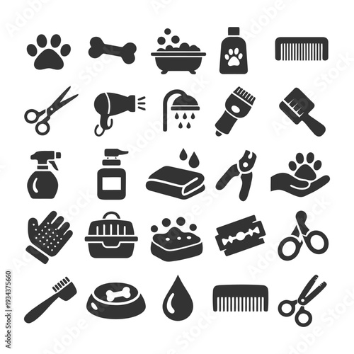 Pet grooming icons: bathing, brushing, tools, and accessories.