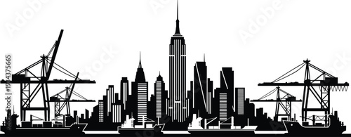 Industrial port cranes and cargo ships with city skyline silhouette, maritime freight transportation, urban harbor logistics, global shipping industry vector illustration isolated
