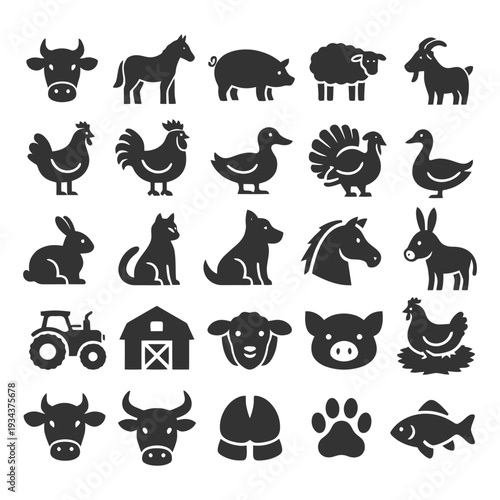 Set of farm animal silhouettes: cow, horse, pig, sheep, goat, chicken, duck, turkey.