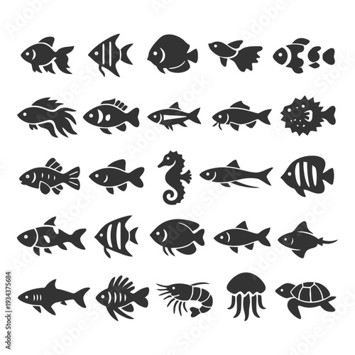 Diverse collection of marine animal silhouettes with various fish species.