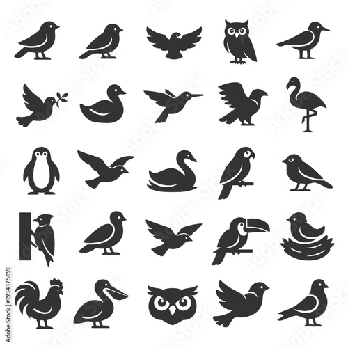 Silhouette collection of various bird species in flight and perched.