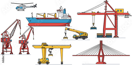 Industrial transport and construction equipment illustration set, cargo ship, harbor cranes, mobile crane truck, helicopter and bridge infrastructure vector collection isolated