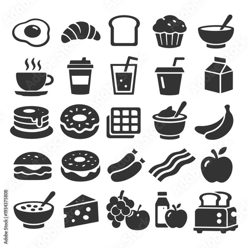 Breakfast icons set: eggs, croissant, toast, muffin, coffee, juice, milk, pancakes, donuts, cereal, bacon, fruit, toaster.