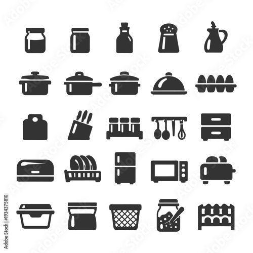 Kitchen utensils icons: pots, pans, jars, eggs, utensils, appliances, cutting board.