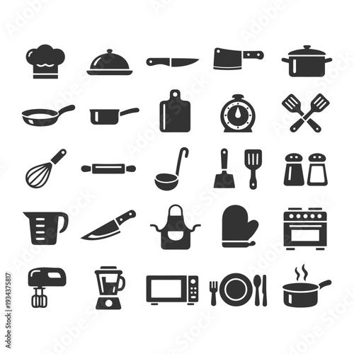 Kitchen utensils and appliances vector icons collection for cooking and baking.