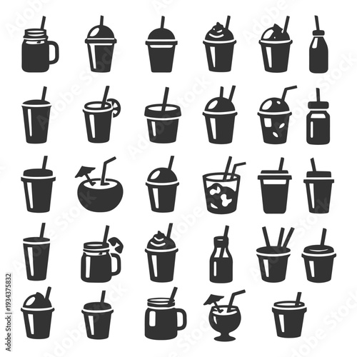 Assorted beverage icons: cups, bottles, and straws in various styles.