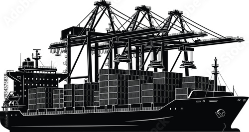 Large container cargo ship loading at industrial seaport terminal, gantry cranes handling freight containers, maritime logistics transport industry black and white vector illustration