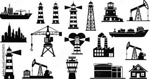 Maritime and industrial icons set with lighthouse, cargo ship, crane, oil pump, factory and harbor elements, black and white vector silhouette collection