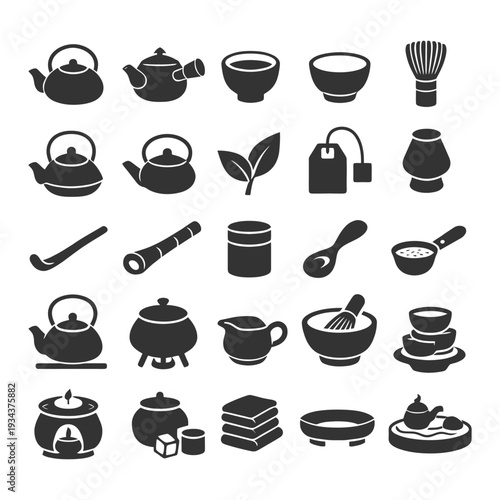 Assorted tea icons: teapots, cups, leaves, infusers, and tea accessories.