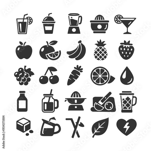 Assorted beverage and fruit icons collection.