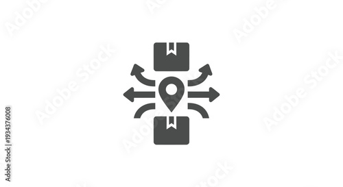 Logistics and Distribution Icon: Package Boxes, Location Pin, and Arrows