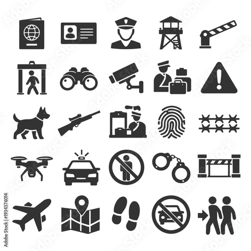 Security and surveillance icons: passport, cctv, drone, fingerprint, handcuffs.